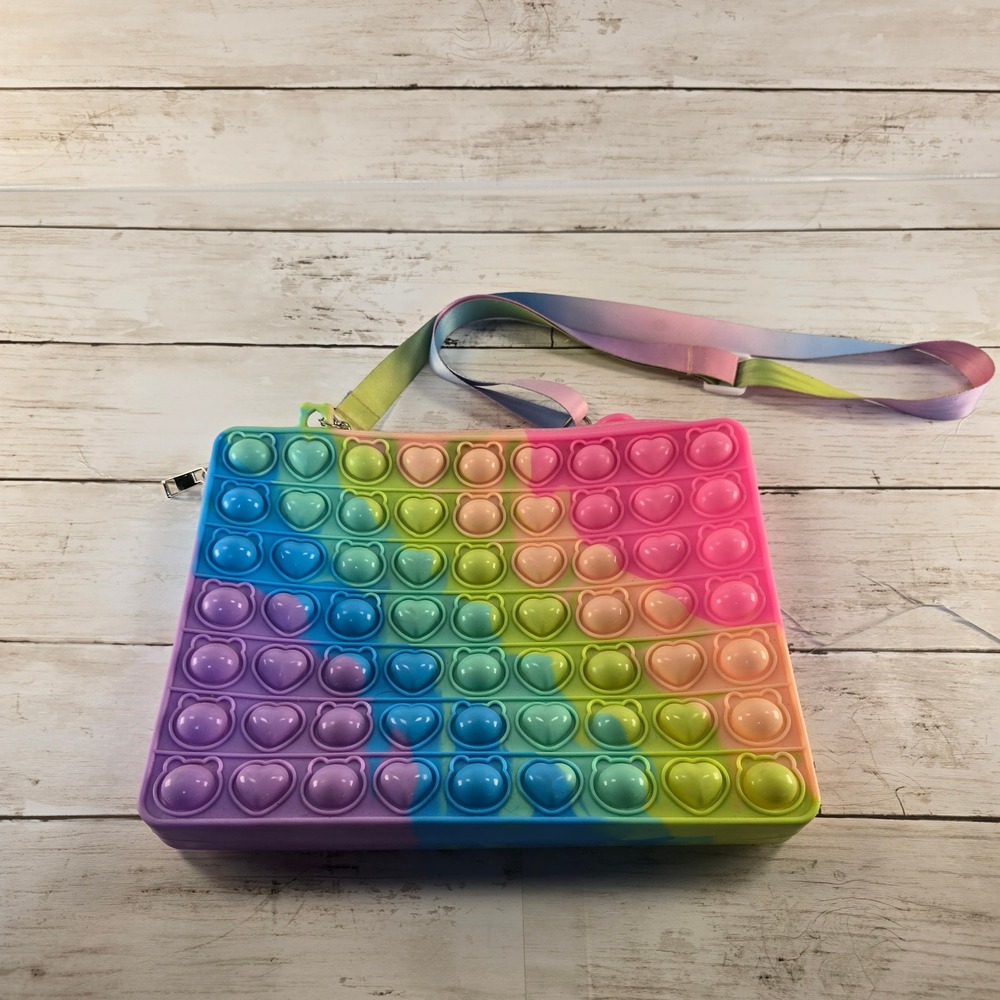 Rainbow Pop It Fidget Crossbody Bag Silicone Heart Bubble Sensory Toy Purse